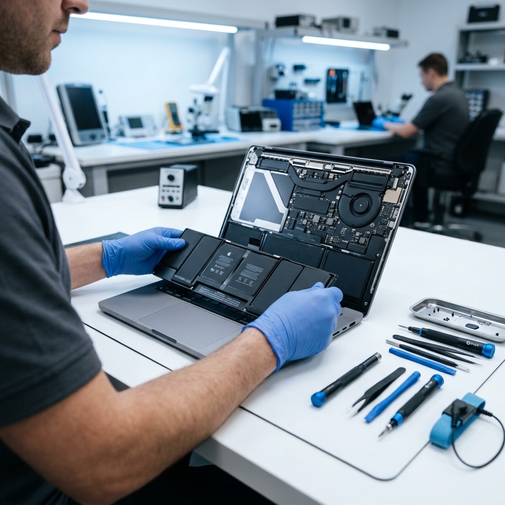 Técnico certificado instalando batería nueva en MacBook Pro en laboratorio macWave