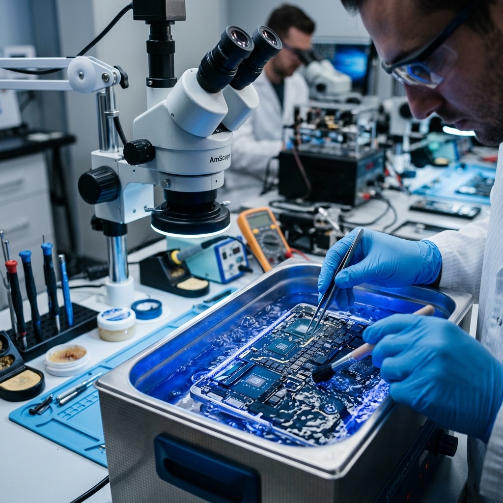 Técnico en laboratorio realizando limpieza ultrasónica de tarjeta lógica MacBook en macWave